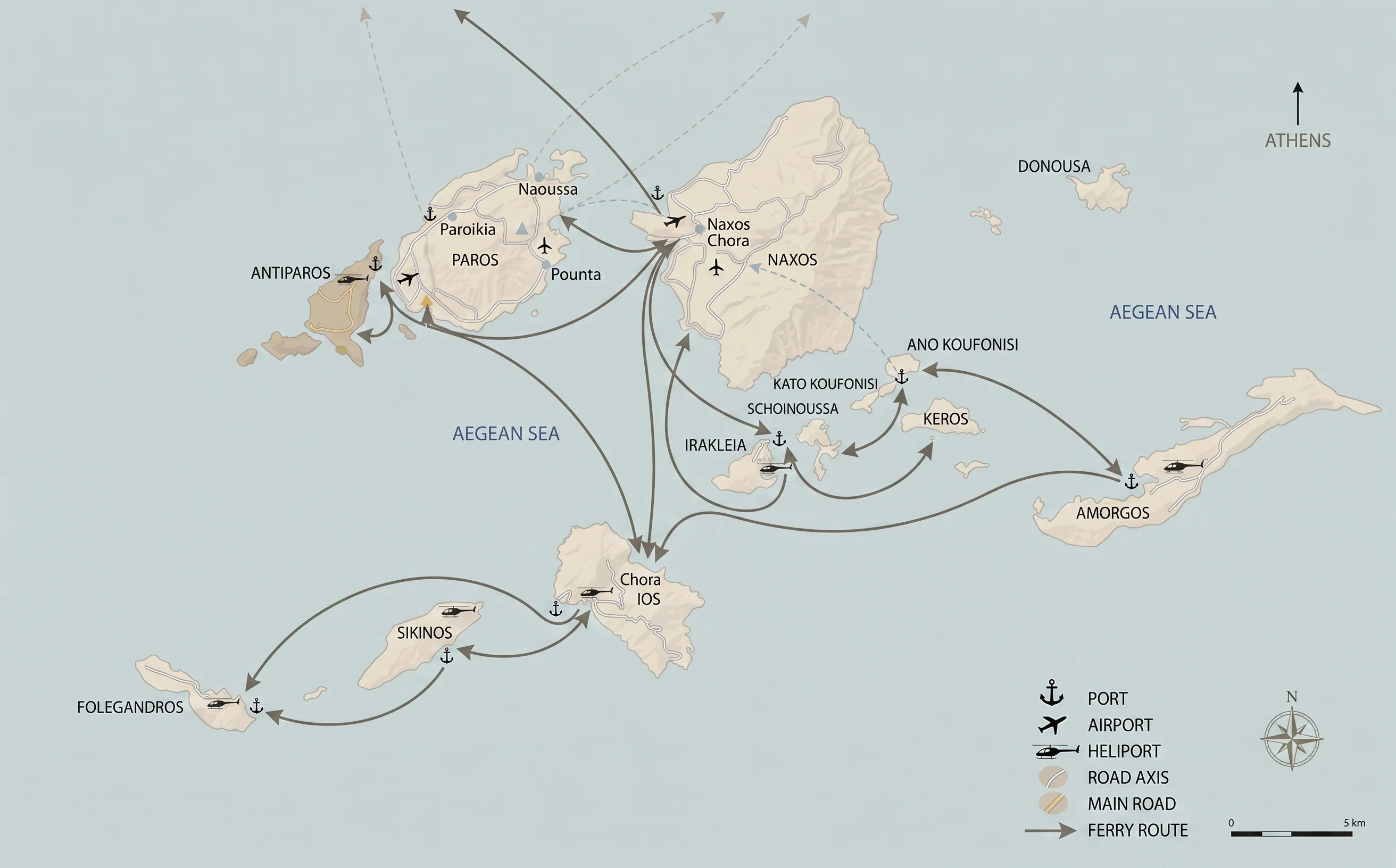 Map of Antiparos and Paros, Cyclades — The Fortress location marked at 37°02′N · 25°05′E